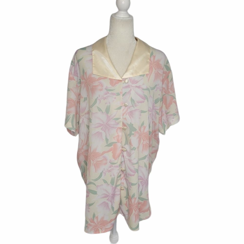 VINTAGE 90s night shirt gold label pastel floral polyester S